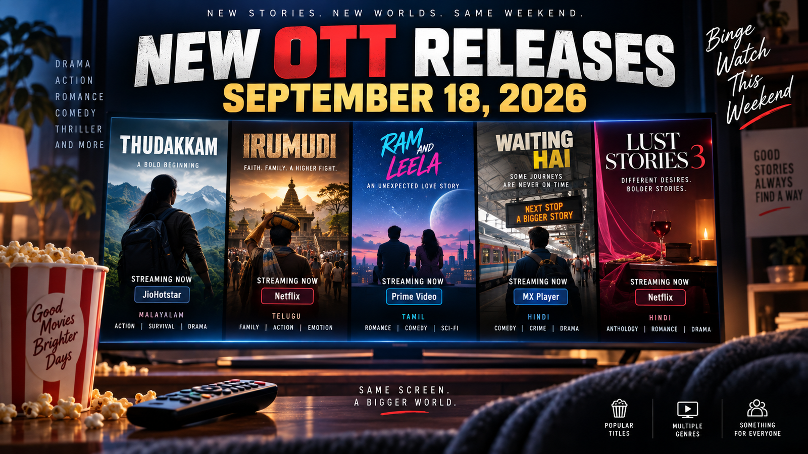 New OTT Releases September 18, 2026: Thudakkam, Irumudi, Ram And Leela & More