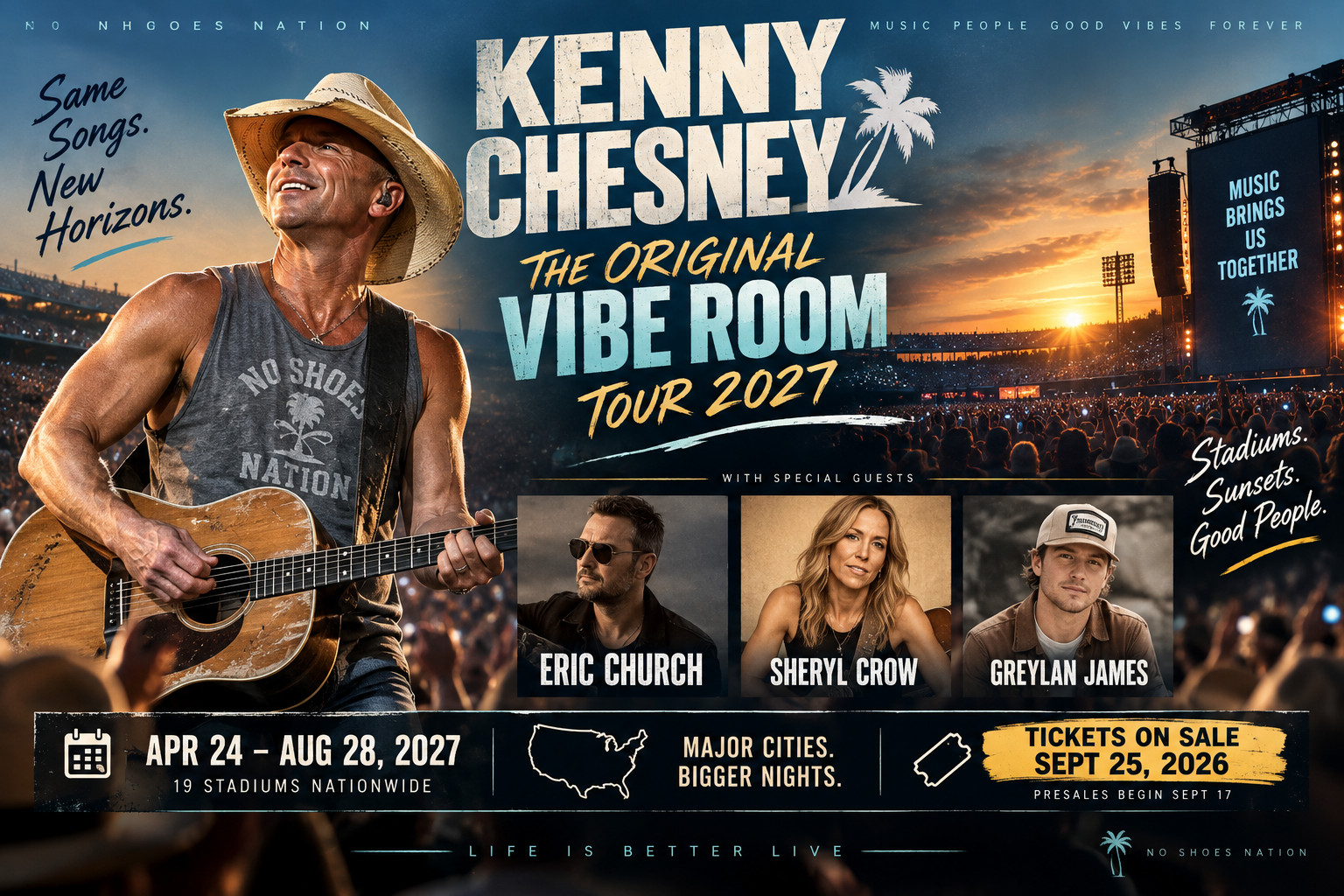 Kenny Chesney Tour 2027: Dates, Tickets, Cities & Original Vibe Room Tour